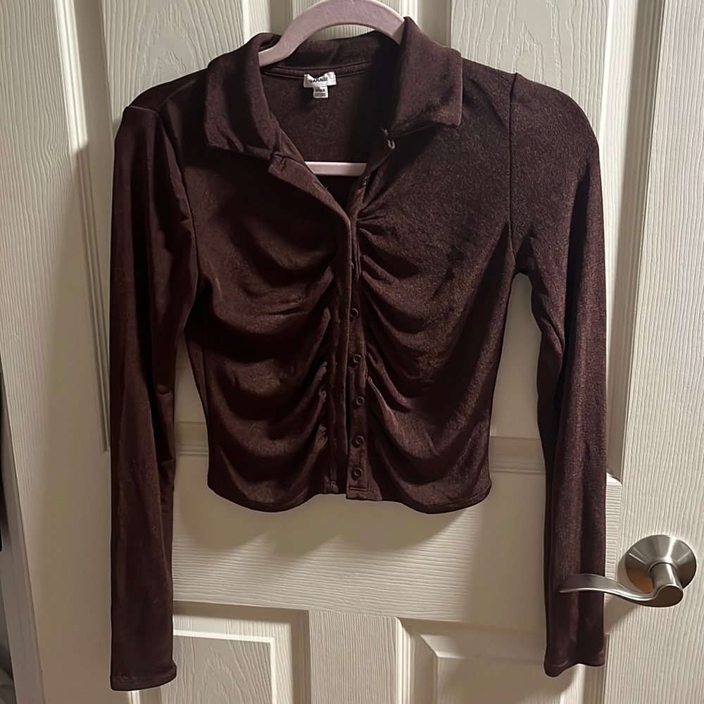 Garage XS Daphne Long Sleeve Collared top blouse in chocolate brown